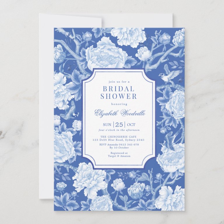 Chic Delft Blue Chinoiserie Floral Bridal Shower Invitation