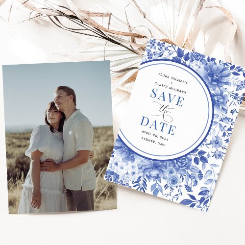 Chic Delft Blue Chinoiserie Wedding Save the Date Invitation