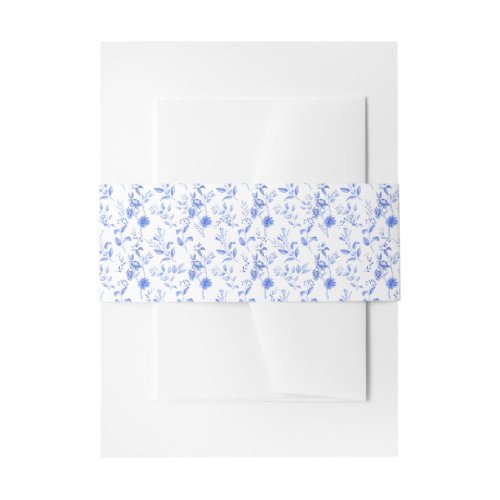 Chic Delft Blue White Botanical Chinoiserie Floral Invitation Belly Band