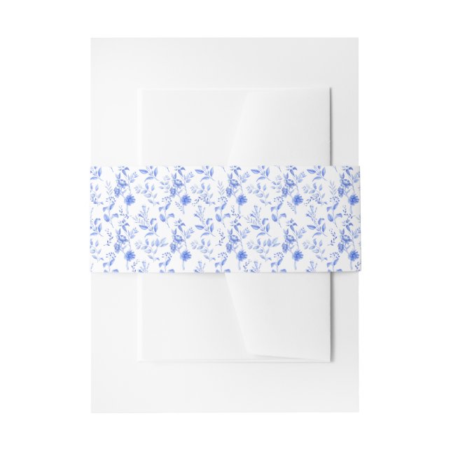 Chic Delft Blue White Botanical Chinoiserie Floral Invitation Belly Band (Front Example)