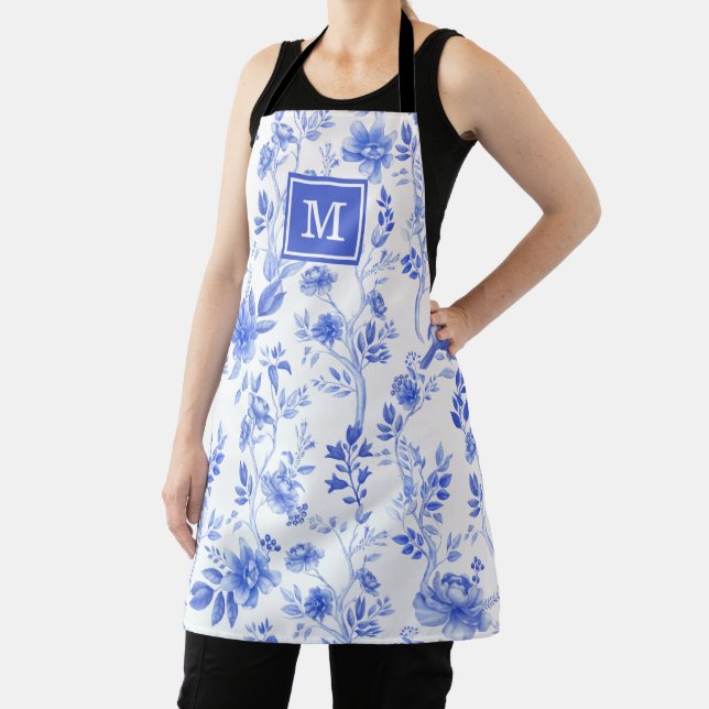 Chic Delft Blue White Chinoiserie Flower Monogram  Apron (Insitu)
