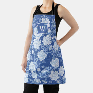 Chic Delft Blue White Chinoiserie Flower Monogram Apron