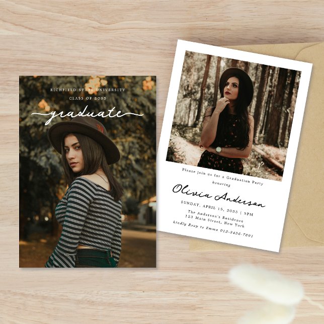 Chic Delicate White Script Photo Graduation Party Invitation (Creator Uploaded)