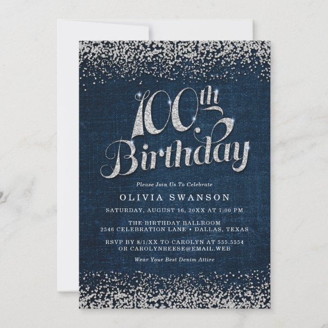 Chic Denim & Diamonds 100th Birthday Party Invitation (Front)
