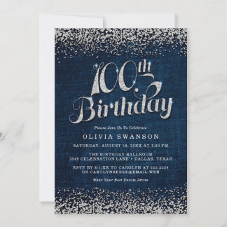 Chic Denim & Diamonds 100th Birthday Party Invitation