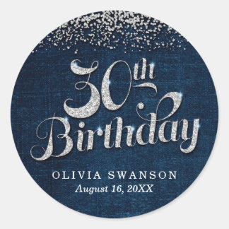 Chic Denim & Diamonds 30th Birthday Classic Round Sticker