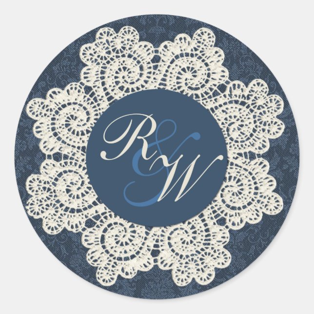 Chic Denim & Ivory Lace Monogram Wedding Classic Round Sticker (Front)