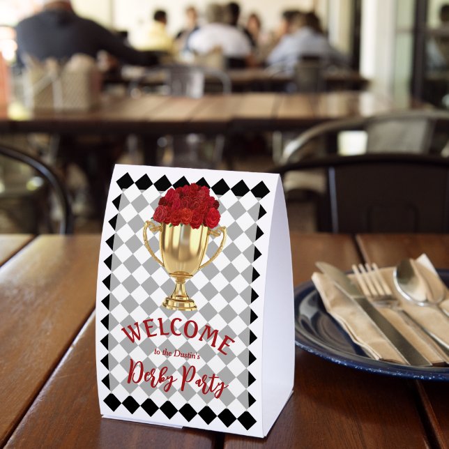 Chic Derby Trophy and Roses Welcome Checkerboard Paper Table Tent (Insitu(Restaurant))