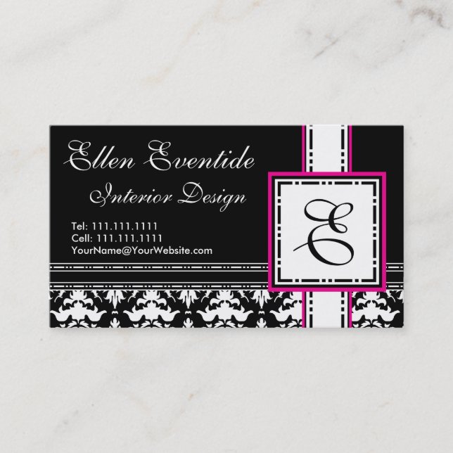 Chic Designer Lady Pink and Black Monogram Business Card (Front)