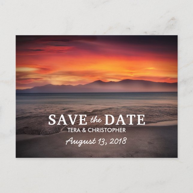 Chic Destination Sunset Beach Save The Date Announcement Postcard (Front)