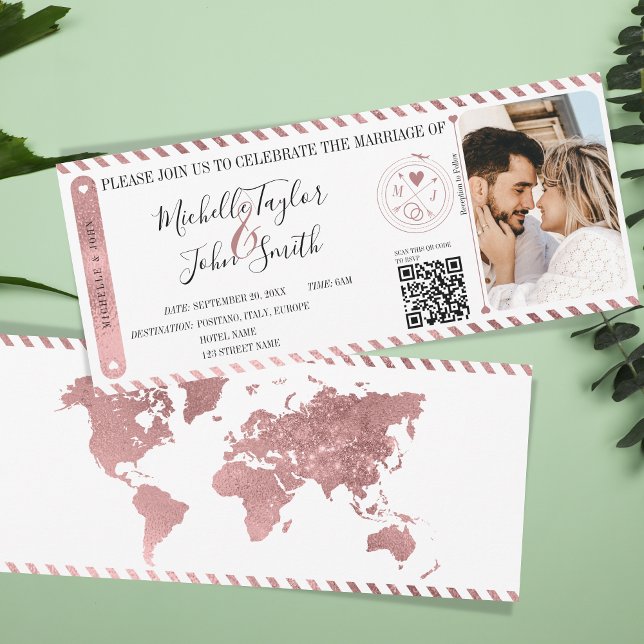 Chic Destination Wedding Boarding Pass QR Code Invitation (rose gold world map boarding pass ticket invitation)