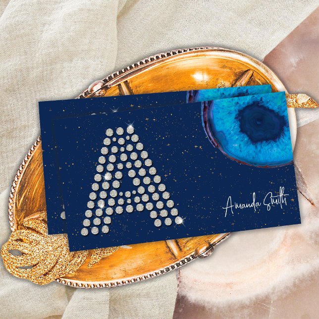 Chic Diamond Blue Agate Initial A Letter Monogram Business Card (Front)