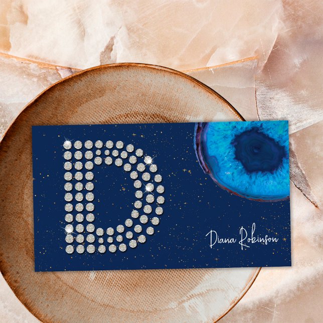 Chic Diamond Blue Agate Initial D Letter Monogram Business Card (Front)
