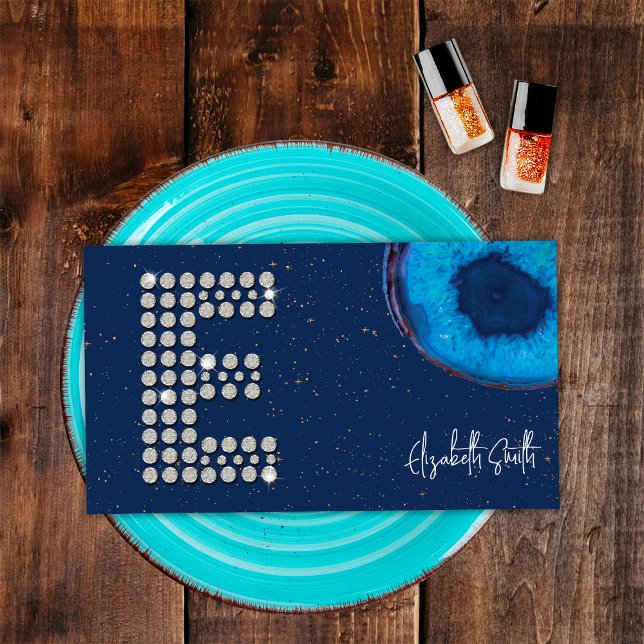 Chic Diamond Blue Agate Initial E Letter Monogram Business Card (Front)