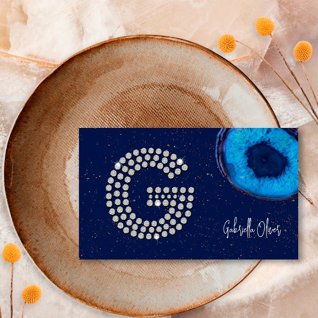 Chic Diamond Blue Agate Initial G Letter Monogram Business Card (Creator Uploaded)