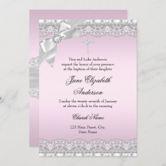 Chic Diamond Lace Pink Baptism Invite