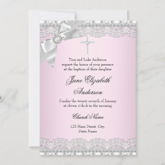 Chic Diamond Lace Pink Baptism Invite