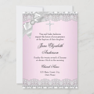 Chic Diamond Lace Pink Baptism Invite