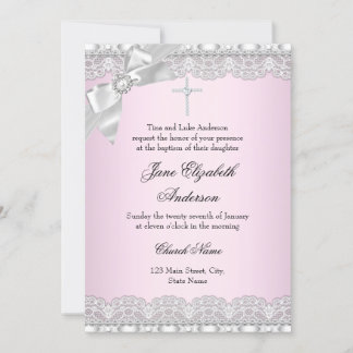 Chic Diamond Lace Pink Baptism Invite