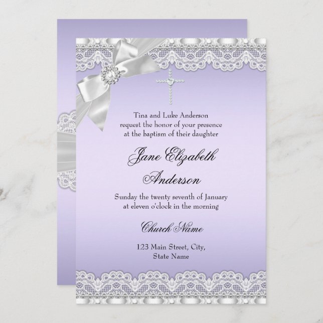 Chic Diamond Lace Purple Baptism Invite (Front/Back)