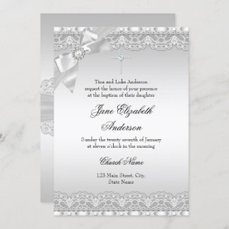 Chic Diamond Lace Silver Baptism girl/boy Invitation