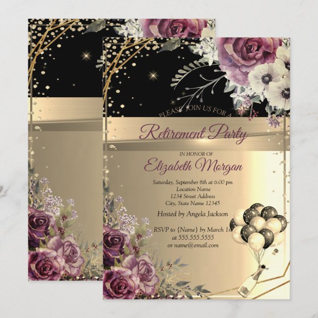 Chic Diamonds Balloons Floral Retirement Party Invitation (Front/Back)