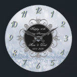 Chic Diamonds Blue Bokeh 50th Wedding Anniversary Large Clock<br><div class="desc">Elegant silver diamonds wedding anniversary clock.</div>