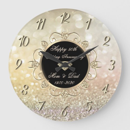 Chic Diamonds Bokeh 50th Wedding Anniversary Large Clock