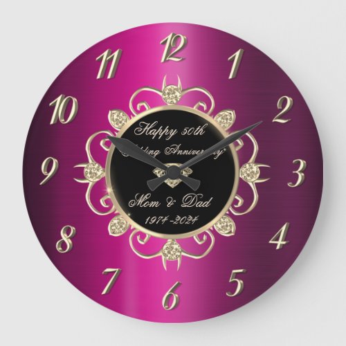Chic Diamonds Purple 50th Wedding Anniversary Large Clock