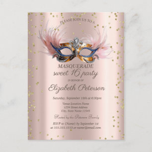 Chic Diamonds Rose Gold Masquerade Sweet 16   Invitation Postcard