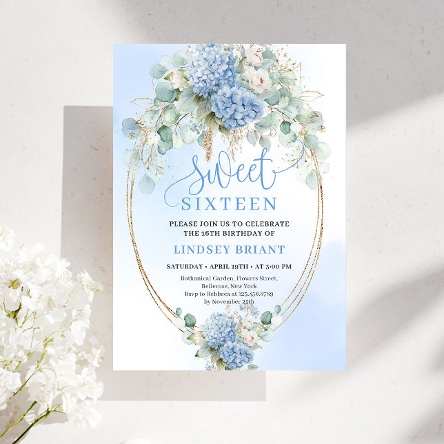 Chic Digital Blue Floral Eucalyptus Gold Sweet 16 Invitation (Digital Blue Floral Eucalyptus Gold Sweet 16 Invite)