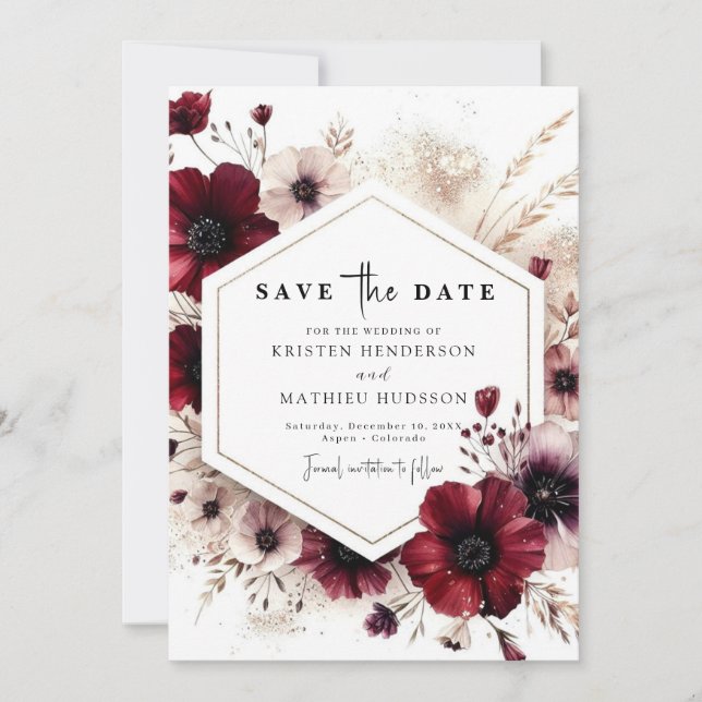 Chic Digital Burgundy Wedding Save The Date (Front)