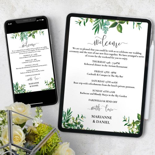 Chic Digital Greenery Wedding Itinerary  Announcement