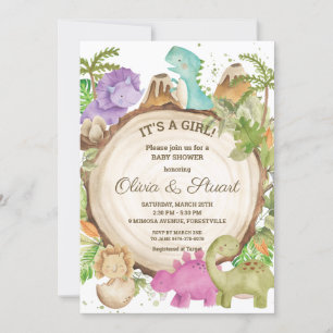 Chic Dinosaurs Girl Baby Shower Greenery Chevron Invitation