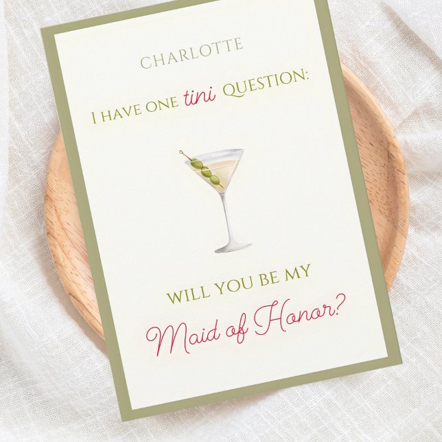 Chic Dirty Martini-Themed Maid of Honor Proposal  Card (Martini-themed Maid of Honor proposal card - chic, fun, and customizable for your bridal party needs)