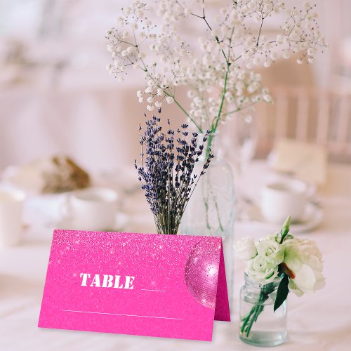 Chic Disco Ball Hot Pink Glitter Wedding Table Place Card