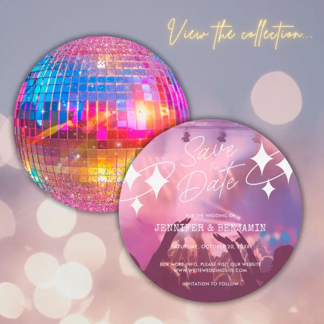 Chic Disco Ball Wedding Pink Glitter Save the Date Invitation | Zazzle