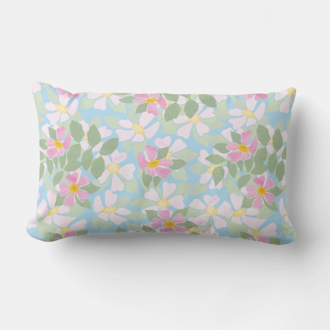 Chic Dog Roses on Sky Blue Lumbar Pillow (Front)