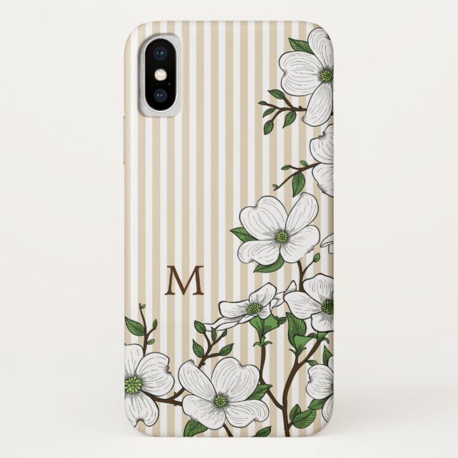Chic Dogwood Blossoms & Stripes Monogram Case-Mate iPhone Case (Back)
