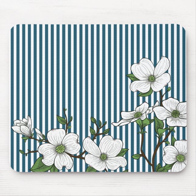 Chic Dogwood Blossoms & Stripes Mouse Pad (Front)