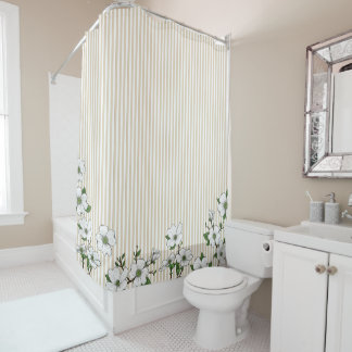 Chic Dogwood Blossoms & Stripes Shower Curtain