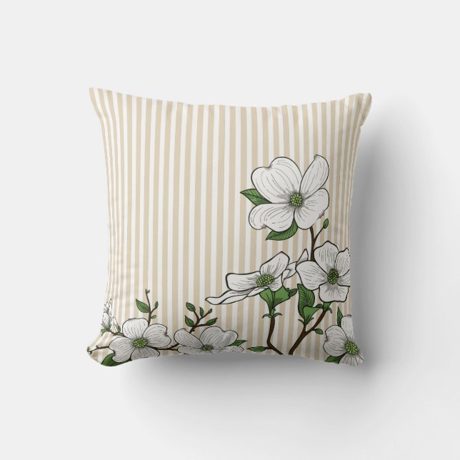 Chic Dogwood Blossoms & Stripes Throw Pillow (Front)