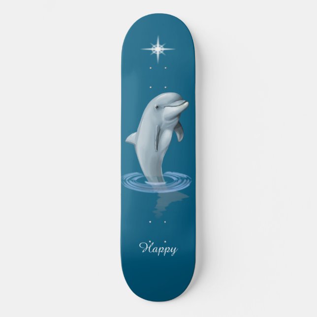 Chic Dolphin, Custom Star & Script on Ocean Blue Skateboard (Front)