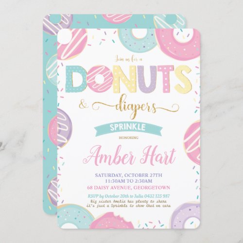 Chic Donuts and Diapers Baby Shower Gold Girl   In Invitation