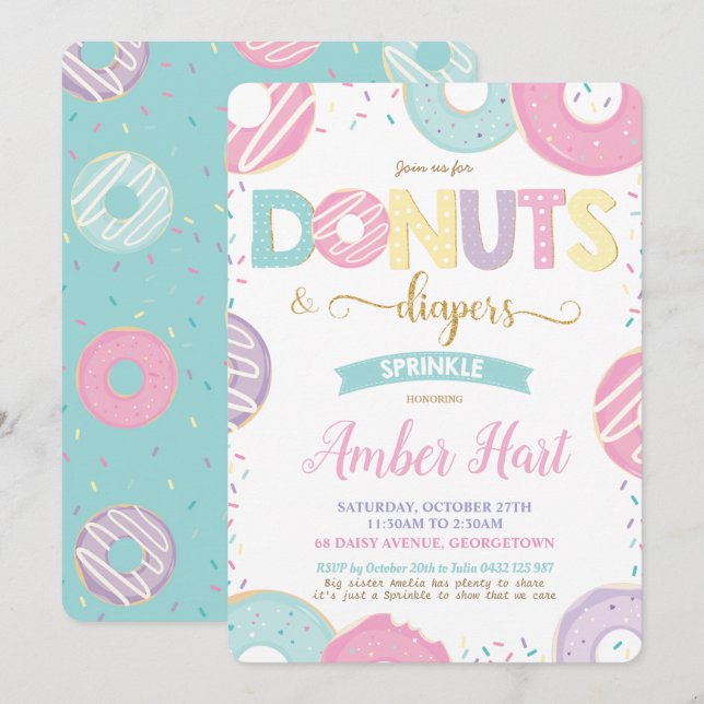 Chic Donuts and Diapers Baby Shower Gold Girl   Invitation (Front/Back)