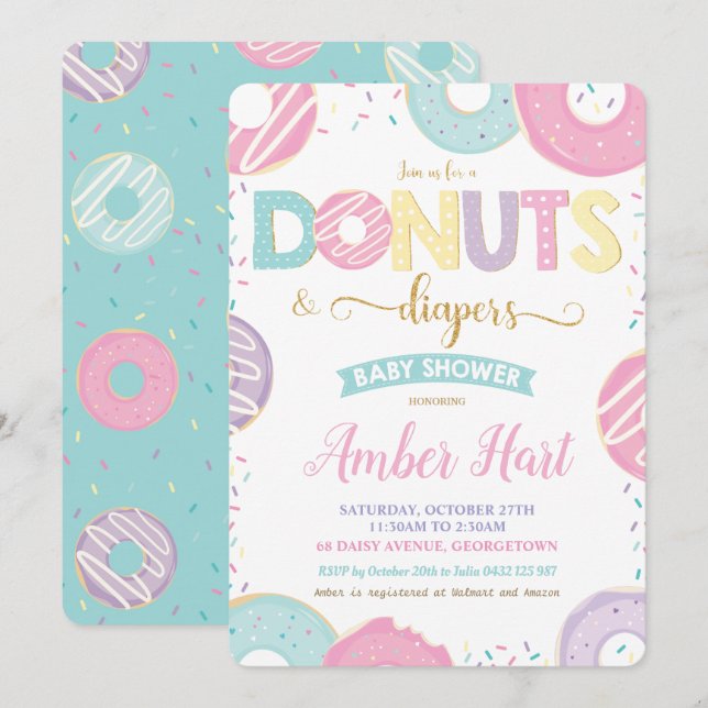 Chic Donuts and Diapers Baby Shower Gold Girl  Invitation (Front/Back)