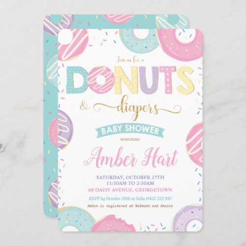 Chic Donuts and Diapers Baby Shower Gold Girl  Invitation