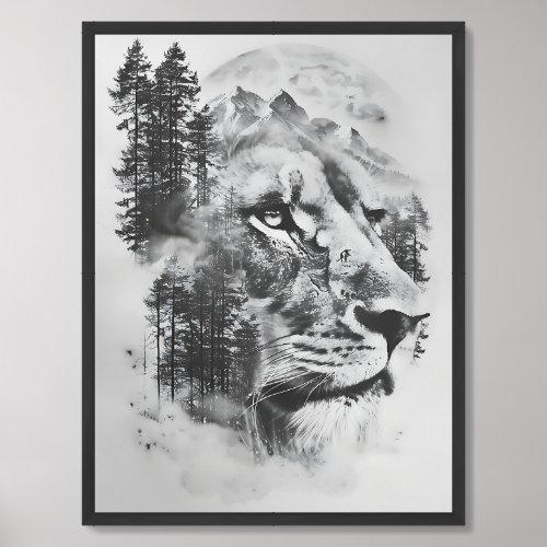 Chic double exposure lion mountains and moon framed art