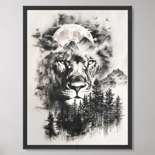 Chic double exposure lion mountains and moon framed art