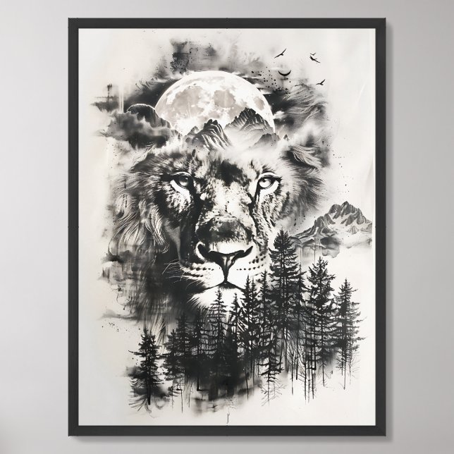 Chic double exposure lion mountains and moon framed art (Framed Front)